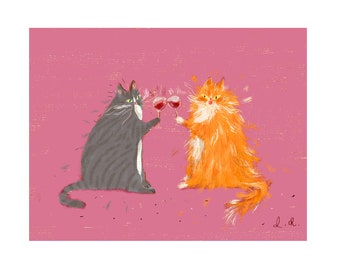 Wine Cats - Fine Art Print - Pink background