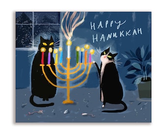 Happy Hanukkah Cat Card - 2 Kitties - Hanukkah Glow