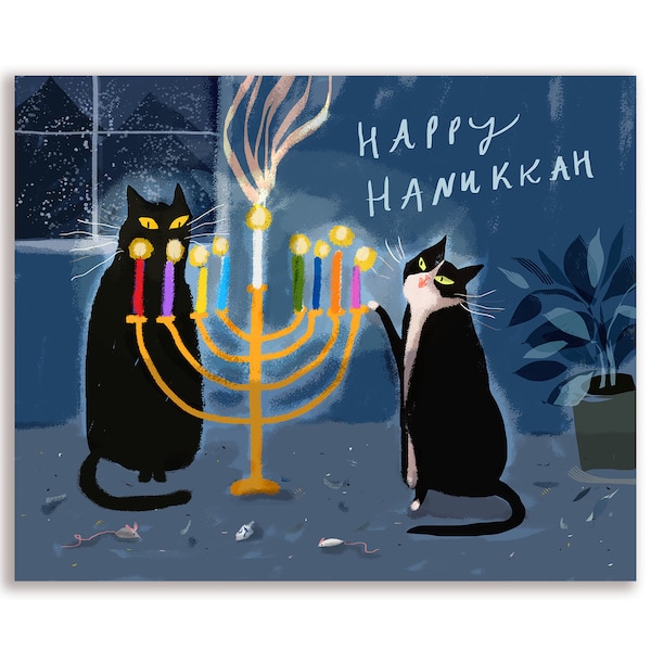 Happy Hanukkah Cat Card - 2 Kitties - Hanukkah Glow