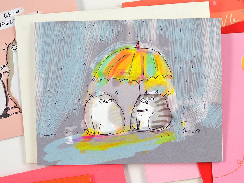 March Spring Card Thinking of You Card Cat Card Rainy Day Friend