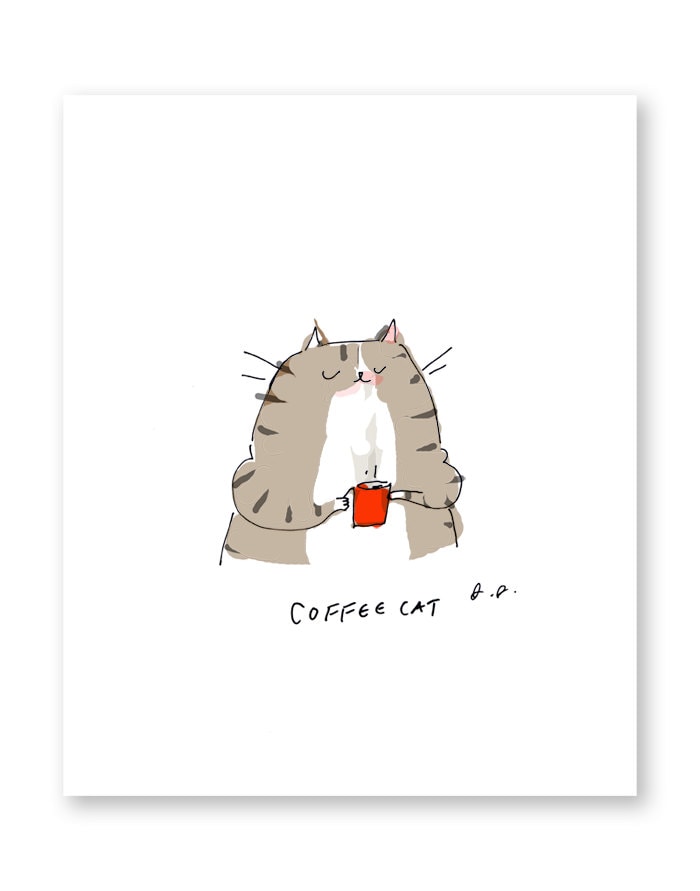 Coffee Cat Print - Coffee Art - Kitchen Art