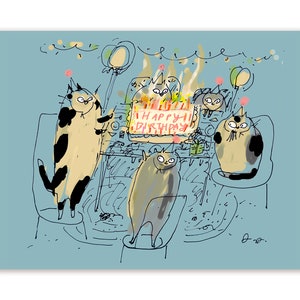 Birthday Cat Card - Birthday Cake Cats Blue - Funny Birthday Card - Cat Mom or Cat Dad Card
