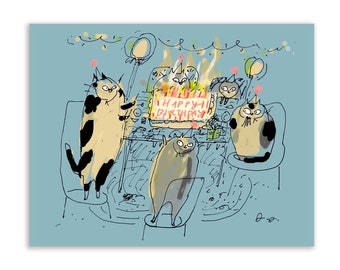 Birthday Cat Card - Birthday Cake Cats Blue - Funny Birthday Card - Cat Mom or Cat Dad Card