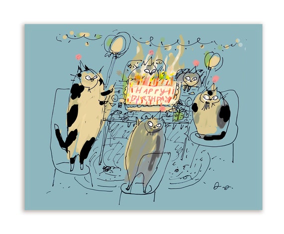 Birthday Cat Card Birthday Cake Cats Blue Funny Birthday - Etsy