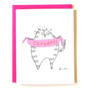 Congrats Cat Card - Pink Banner- Graduation Card