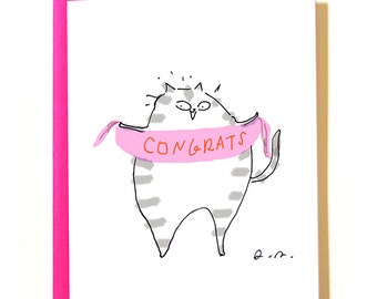 Congrats Cat Card - Pink Banner- Graduation Card