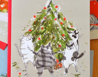 Funny Christmas Card  - Tree Dance - Christmas Cat Card