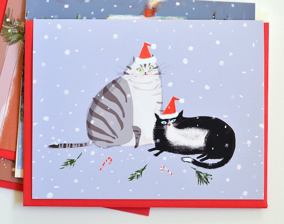 Christmas Cat Card Santa Hat Cats Holiday Cheer- Funny Christmas Card  for Cat Lovers Christmas Cat Cards