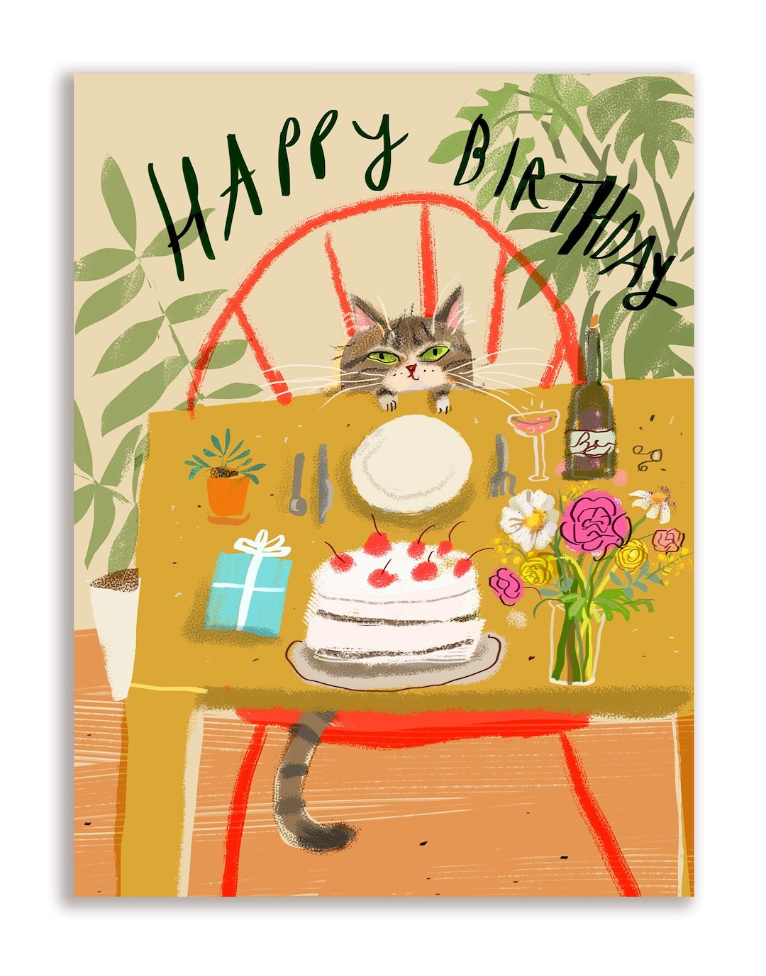 Happy Birthday Cat Card - at the Birthday Table - Etsy