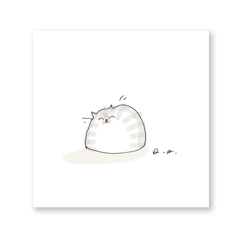 May include: A simple line drawing of a gray and white cat with a pink nose, curled up in a ball. The cat is smiling and has its eyes closed. The text "o.o." is written below the cat.