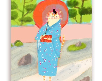 Kimono Cat Card - Japanese Art - Garden