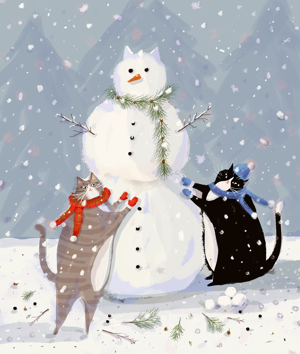 絵画。原画手描き【雪が降る冬、かわいい犬と猫の楽しい写真記念】