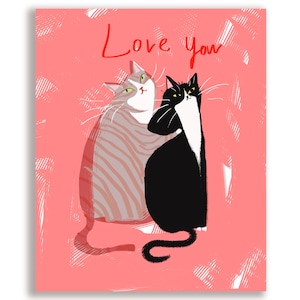 Love You Cat Card -  Valentine&#39;s Day Card - Grey & Tux