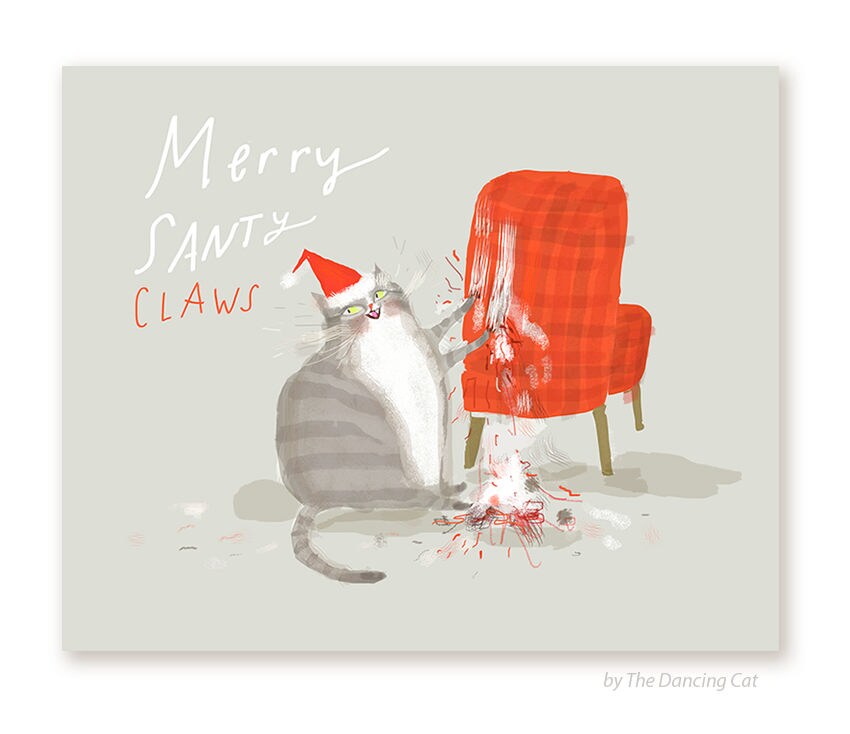 Funny Christmas Card - Merry Santy Claws - Christmas Cat Card - Cat M…