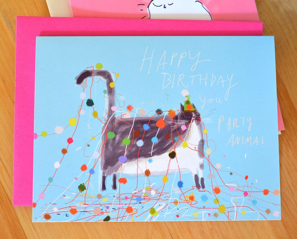 Funny Birthday Card - Cat - Party Animal- Birthday Balls
