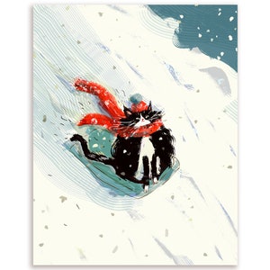 Jour de neige - Traîneau - Carte chat - Art hivernal