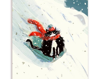 Snow Day - Sledding - Cat Card - Winter Art