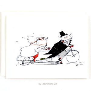 Cartão de casamento - Casamento de bicicleta - Cartão de casamento de gato - Cartão de casamento engraçado - Arte em bicicleta tandem