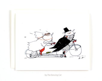 Wedding Card - Bike Wedding - Cat Wedding Card - Funny Wedding Card - Tandem Bike Art