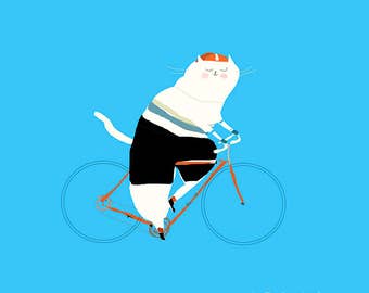 Bike Art- The Bike Rider - Cat Print - Bike Lover - Cat on Bike- Bike Painting