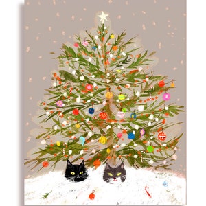 Under the Christmas Tree - Christmas Cat Card - Purple/Grey Background - Funny Christmas Card - Limited Edition Color