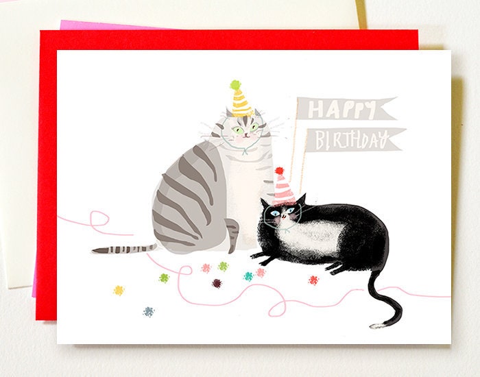 Cat Birthday Card - Grey & Tux - Happy Birthday - Cat Mom or Cat Dad …