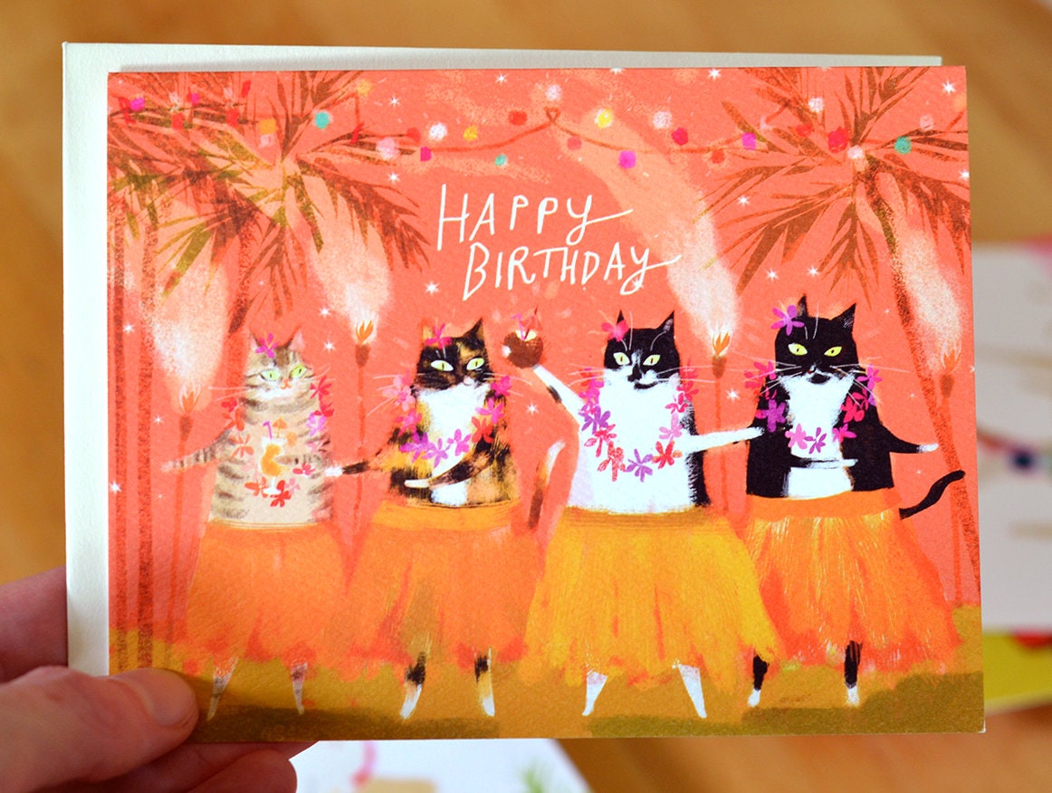 Tiki Birthday Cat Card - Luau Cats - Cat Birthday Cat Card