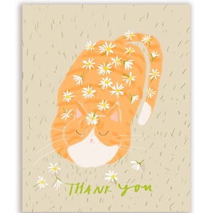 Tarjeta de agradecimiento con diseño de gato y ducha de flores