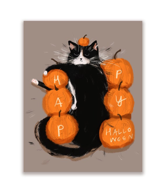 Halloween-Grußkarte „Schwarze Katze Mit Kürbissen“ – 145 X 145 Mm, Aus Recyceltem Material