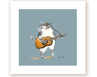 Guitar Cat Print - Music Kitty - Office Art- Cat Dad