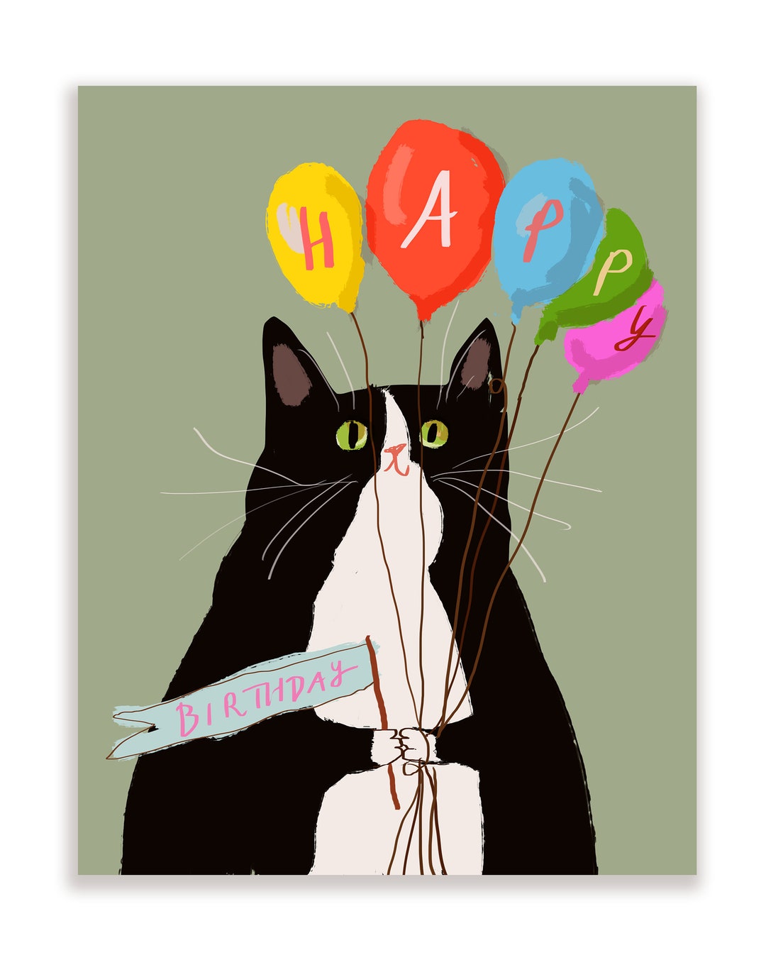 誕生日おめでとうカード - 風船を持った猫 - タキシード猫 - Etsy 日本