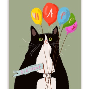 Happy Birthday Card - Cat With Balloons - Tuxie Cat