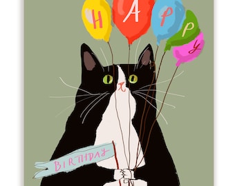 Happy Birthday Card - Cat With Balloons - Tuxie Cat
