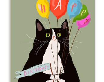 Happy Birthday Card - Cat With Balloons - Tuxie Cat