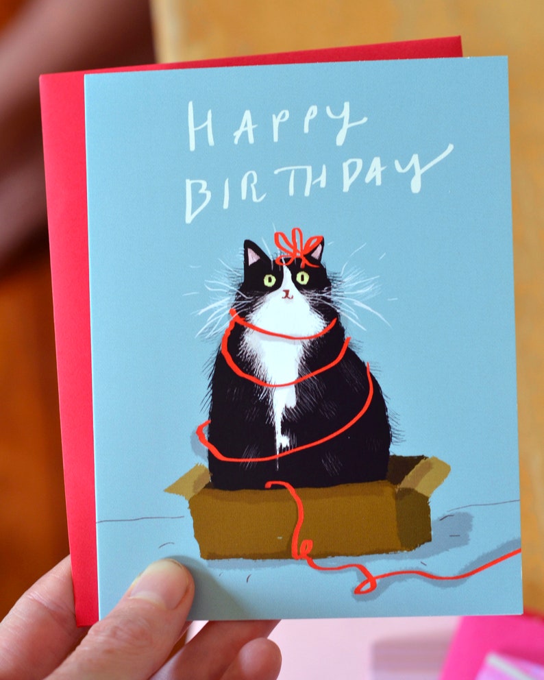 Funny Birthday Card – Tuxedo Cat in Box Illustration, Cat Lover ...