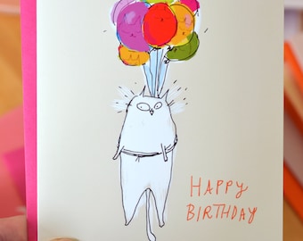 Giro in mongolfiera - Biglietto di compleanno con gatto - Biglietto di compleanno divertente - Amante dei gatti