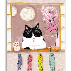 Tarjeta japonesa de gatito con ventana - Paz y abundancia