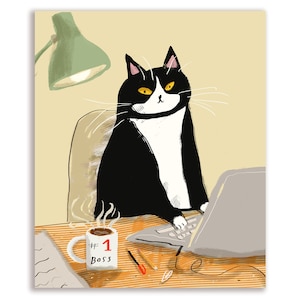 May include: A black and white cat sits at a desk with a laptop, a mug that says "#1 Boss", and a pencil on the desk. The cat has yellow eyes and is looking to the right.