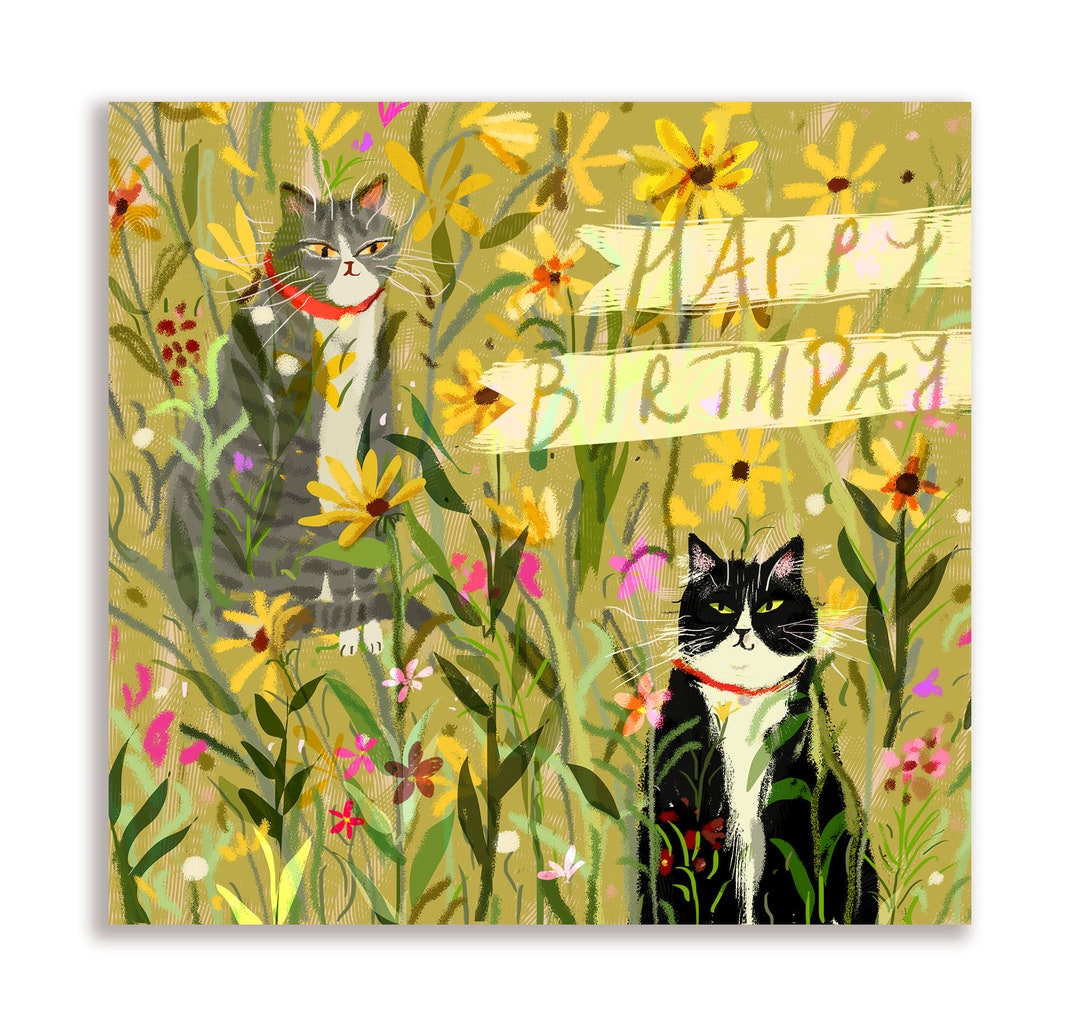 Happy Birthday Garden Cat Card- Cat Birthday Card - Square - Etsy