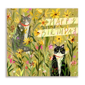 Happy Birthday Garden Cat Card- Cat Birthday Card - Square