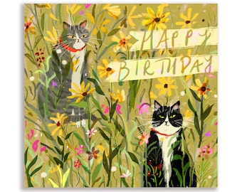 Happy Birthday Garden Cat Card- Cat Birthday Card - Square