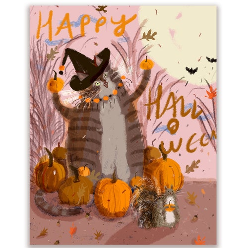 Halloween Kitty Happy Halloween Cat Card Kitty Ghosts NEW Etsy