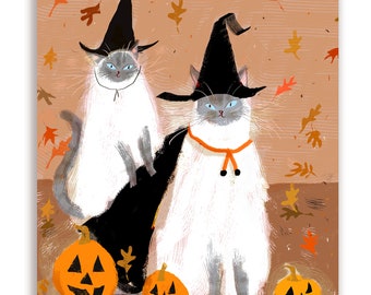 Fall Friends - Happy Halloween Cat Card - Halloween Card