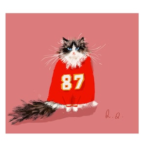 Könnte beinhalten: Illustration einer flauschigen Katze, die ein rotes Trikot mit der gelben Nummer 87 trägt. Die Katze hat schwarz-weißes Fell, blaue Augen und lange weiße Schnurrhaare. Der Hintergrund ist einfarbig rosa.
