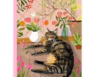 Flower Lover Cat Card - Garden Cat - Blank inside