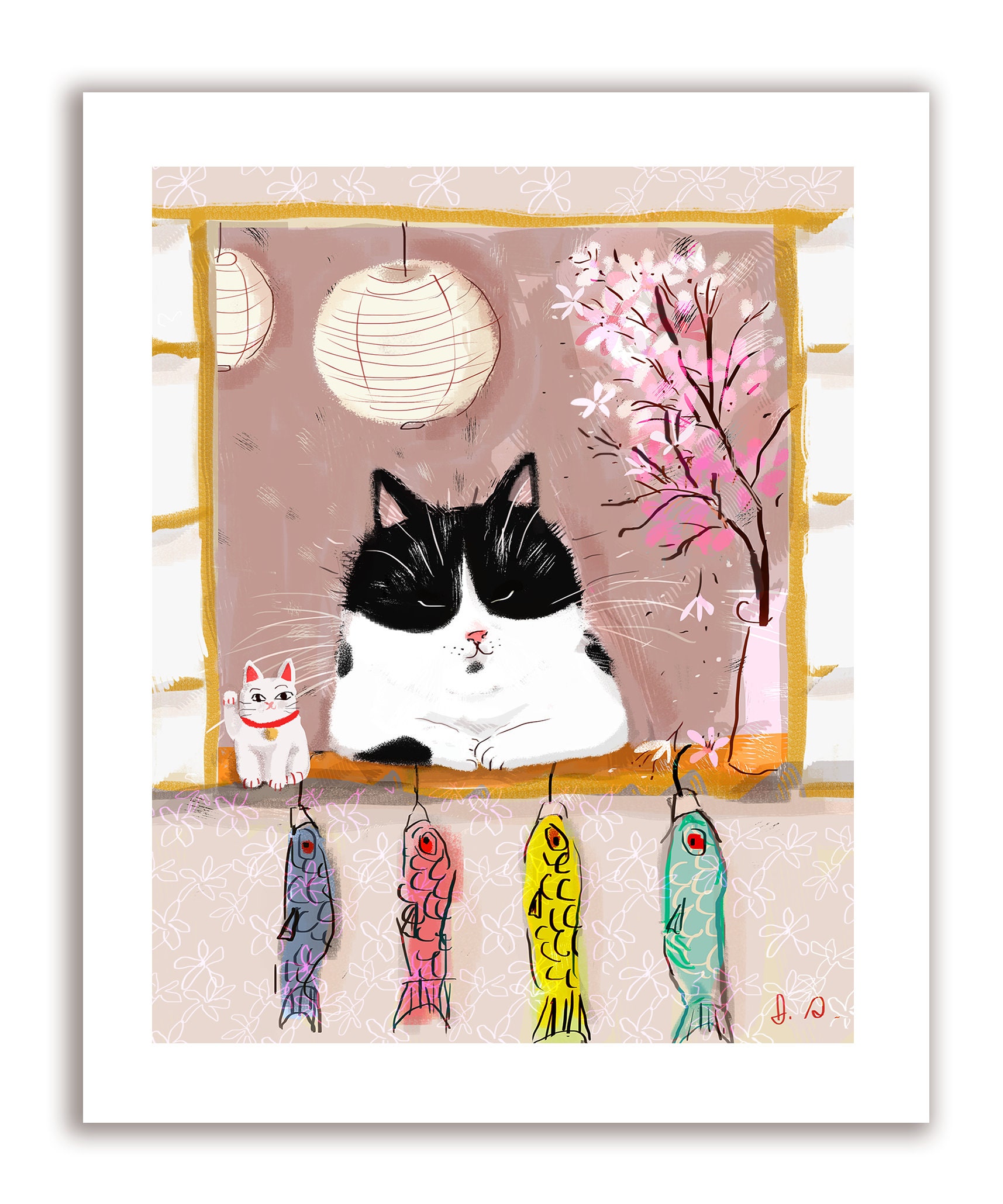 日本の窓辺の猫の版画 - 猫の絵画 - 猫の肖像画 - 平和と豊かさ - Etsy