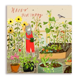 Tarjeta de feliz cumpleaños - El jardinero - Amante de los gatos - Tarjeta cuadrada - Interior en blanco