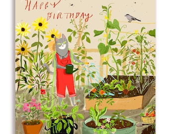 Happy Birthday Card - The Gardener - Cat Lover - Square Card - Blank Inside
