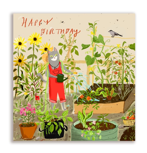 Happy Birthday Card - The Gardener - Cat Lover - Square Card - Blank Inside