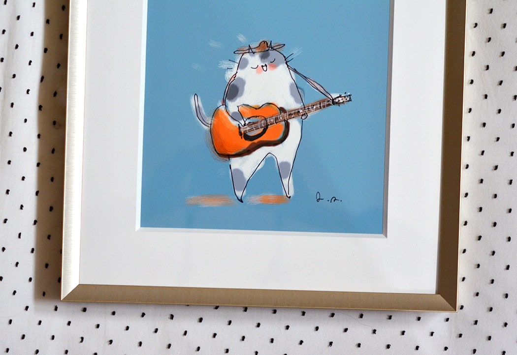 Guitar Cat Print Music Kitty Office Art Cat Dad - Etsy